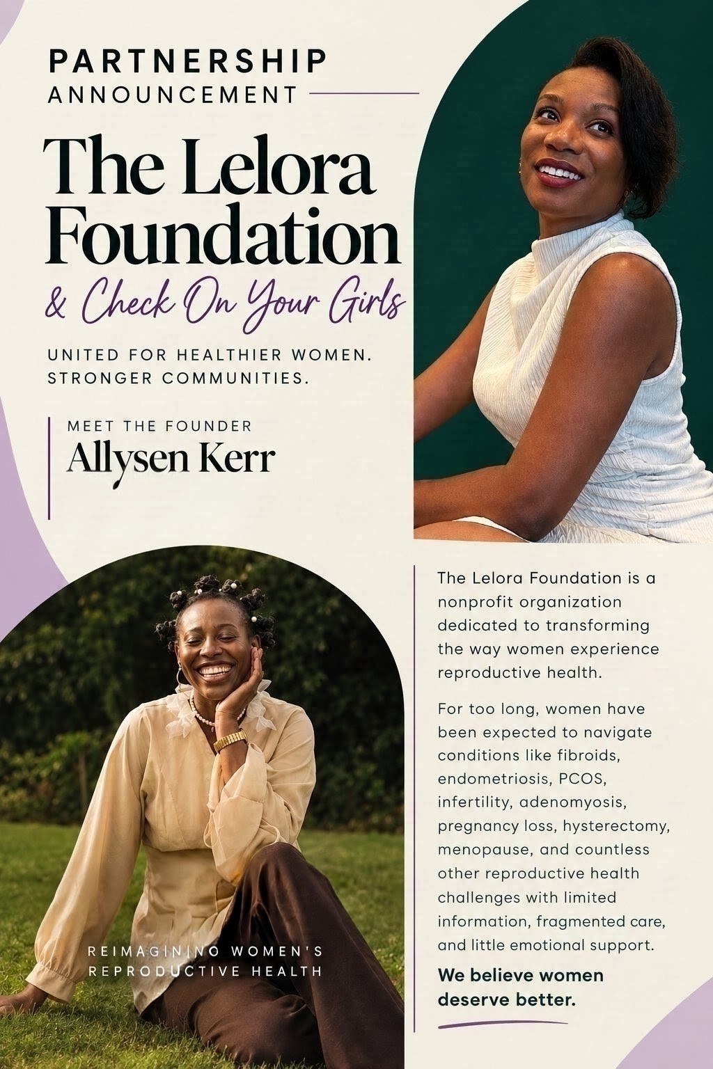 Partnership announcement: The Lelora Foundation and Check On Your Girls, united for healthier women and stronger communities. Meet the founder, Allysen Kerr. The Lelora Foundation is a nonprofit dedicated to transforming the way women experience reproductive health.